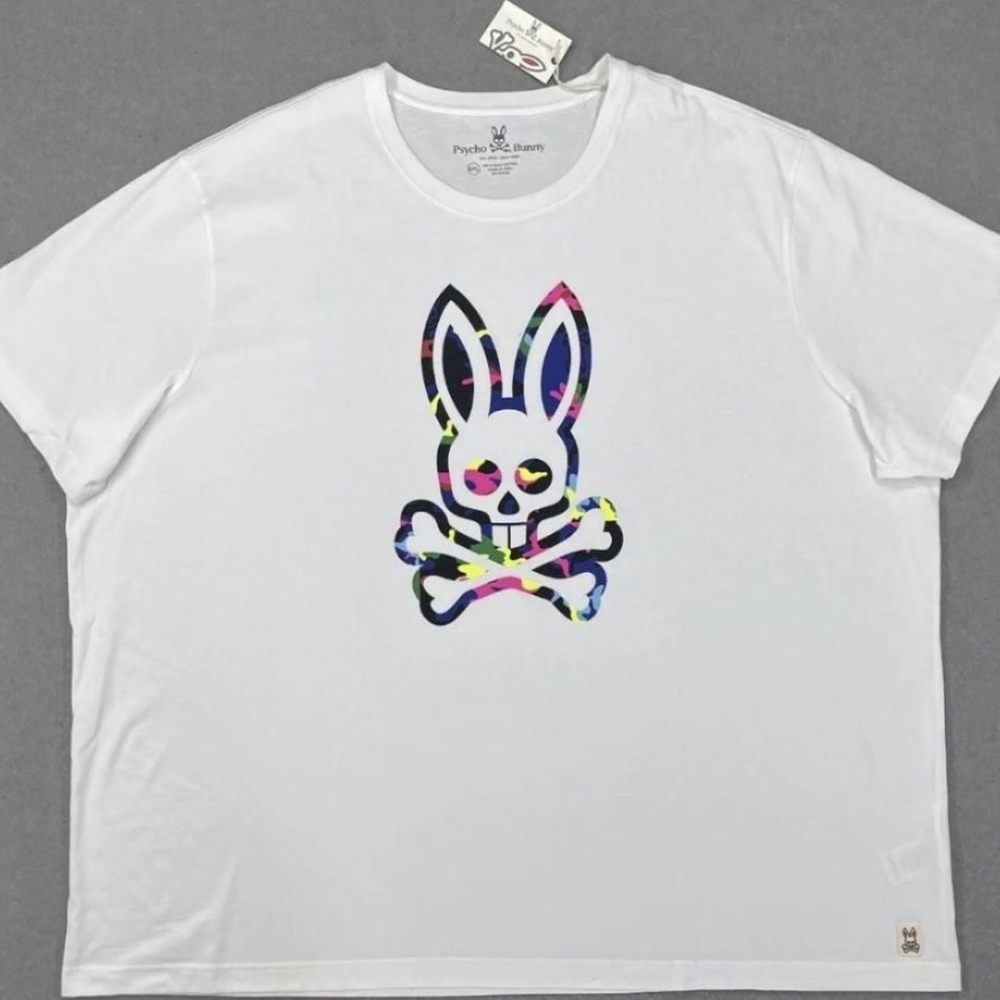 Psycho Bunny White Tee with Multicolor Bunny Logo